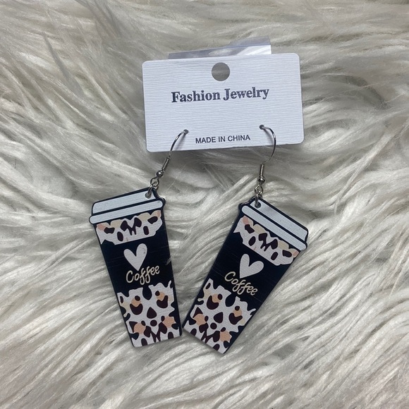 Jewelry - Love Coffee Leopard Print Wooden Dangle Earrings